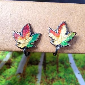 Vintage Canadian Autumn Maple Leaf Screwback Earrings Sterling Silver and Enamel
